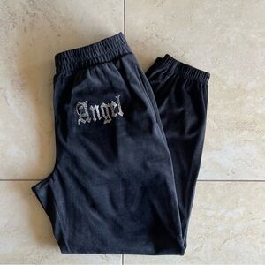 Velour Angel Rhinestone Embellished Black Jogger Pants Y2K Loungewear Size Large